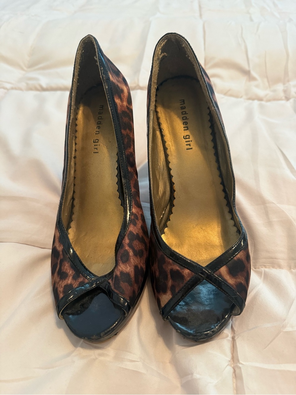Madden Girl Leopard Print Peep-Toe Heels with Black Trim